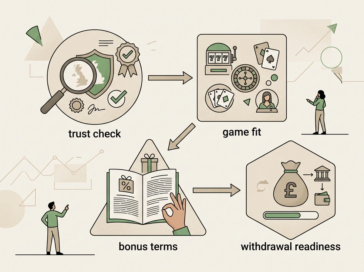 Decision flow for UK casino readers comparing trust, games, bonus terms and withdrawals