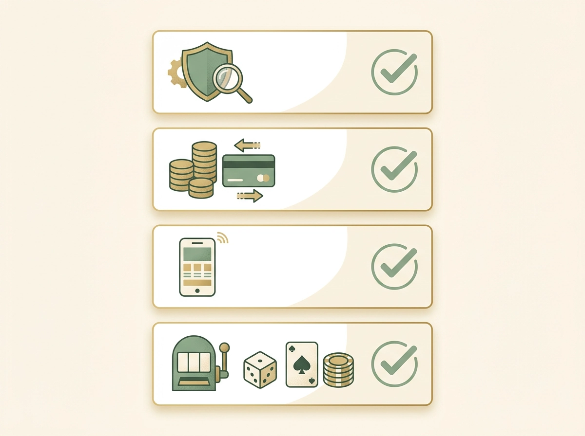 Editorial checklist for licence, payments, mobile access and game library review